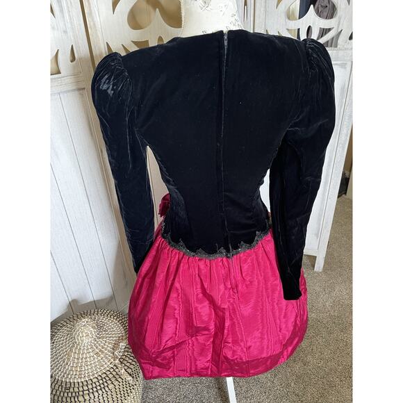 Vintage 80s Scott McClintock Black Velvet Pink Drop Waist Dress Sz 4 Goth - Picture 4 of 11